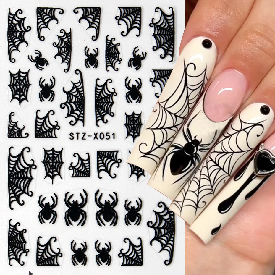 2 or 4pcs Halloween Nail Art Stickers Heart Spider Webs Designs Bat Moon Star Sliders Self-Adhesive Decals For Festive Manicure