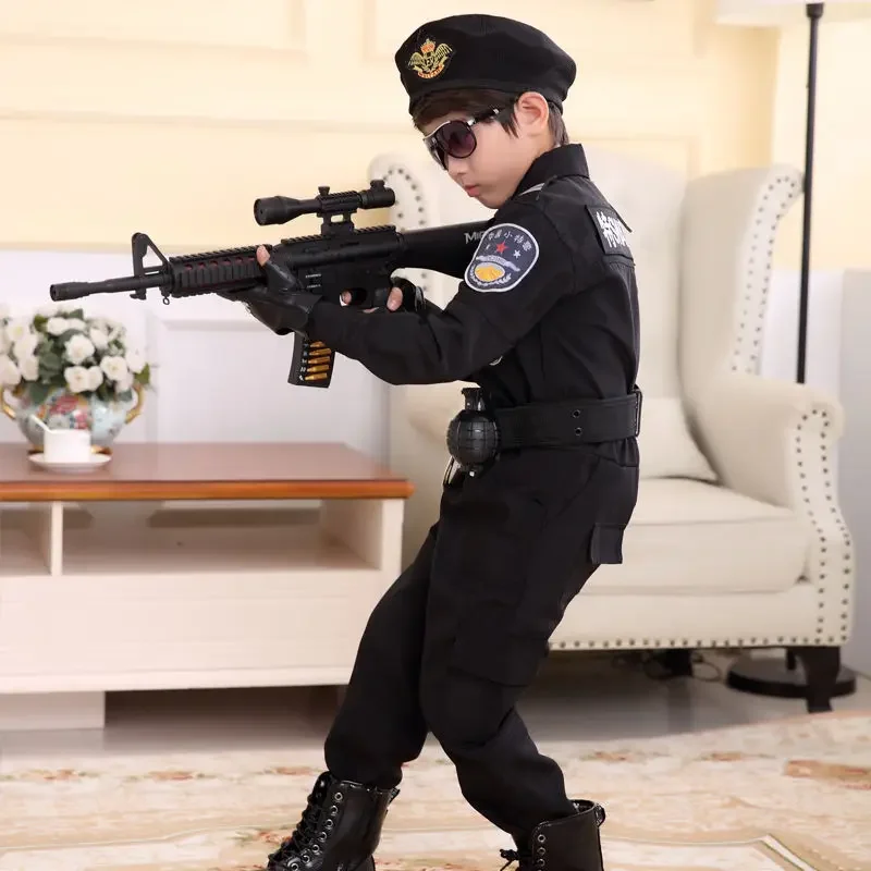 Children Policeman Uniform Cosplay Costumes Kids Police Top Pants Hat Suit Boys Girls Police Clothing Halloween Christmas Gift