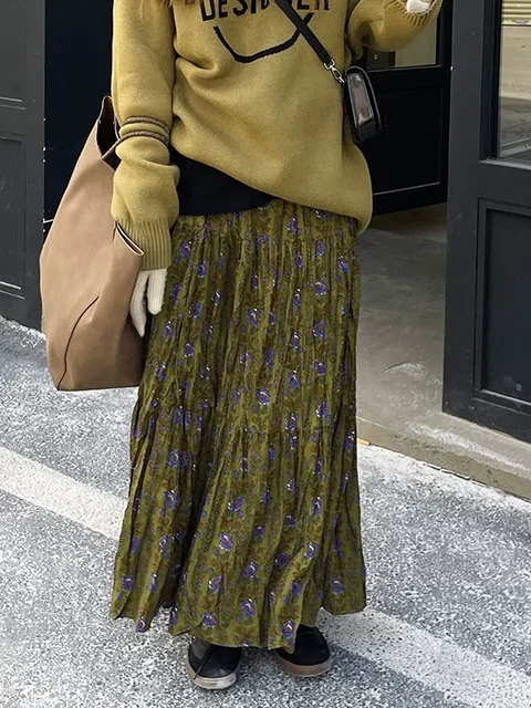 Retro Pleated Floral Skirt Autumn and Winter 2024 Temperament New High Waist Long Skirt Loose Skirt Slimming