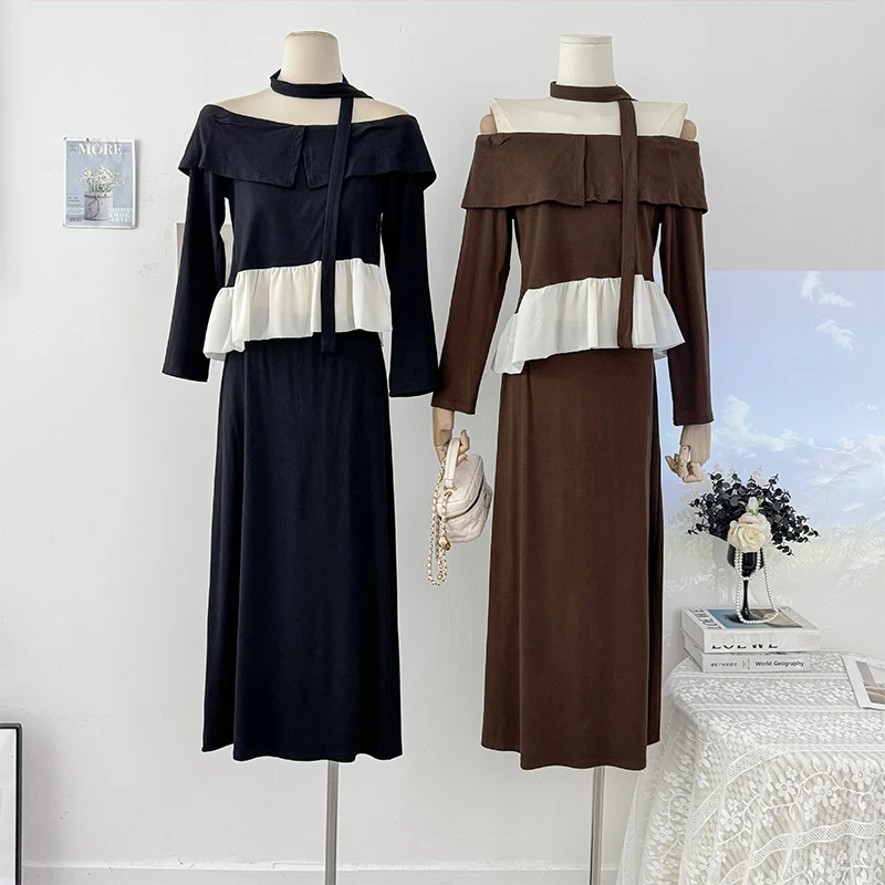 

Женский костюм с юбкой, французская рубашка с открытыми плечами и разрезом на шее, рубашка с рюшами и высокой талией, повседневная юбка-карандаш из двух частей