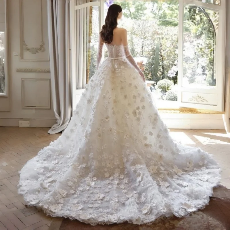 Allover 3D Floral Lace Ball Gown Wedding Dress Lace flower Choker Detachable Gloves Cathedral Train Bridal Gown customizable