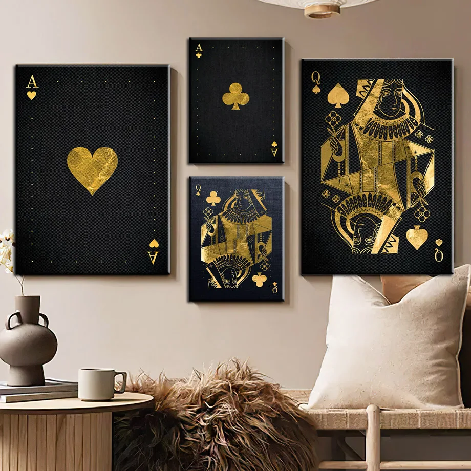 Wall Art Canvas Golden Playing Cards Spades Ace Queen Nordic Posters Prints And Picture Painting Home Decoration Living Room Bar