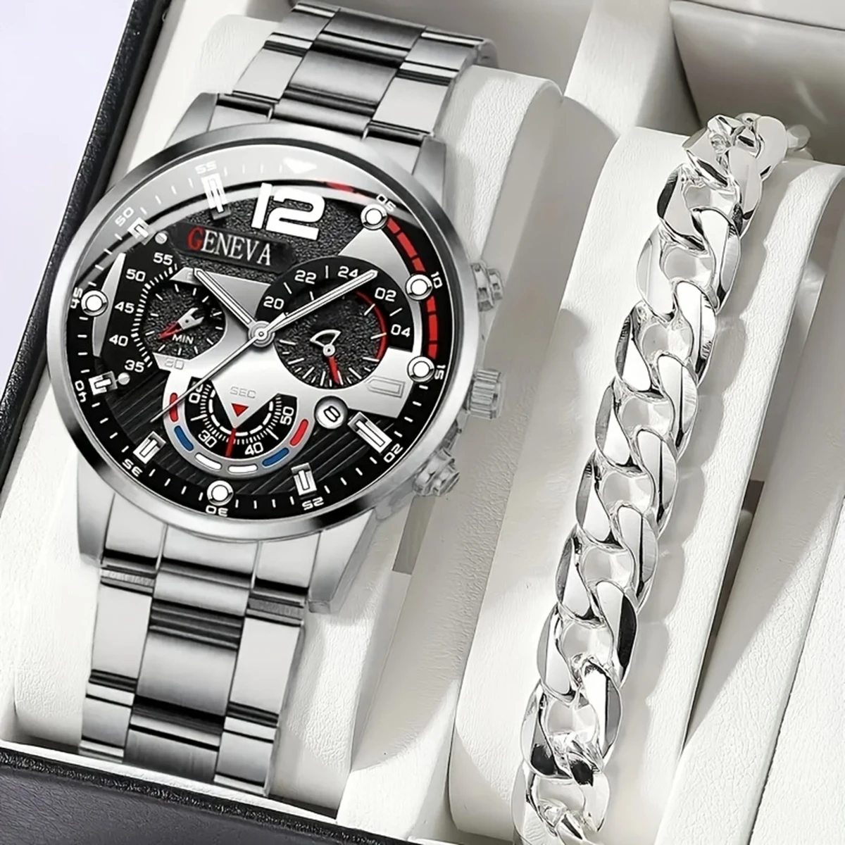 2pcs Luxury Mens Silver Quartz Watch With Stainless Steel Bracelet Men Fashion Business Casual Watch Luminous Clock