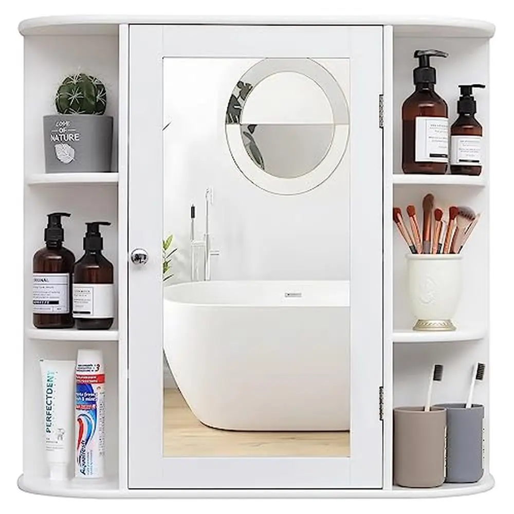 Bathroom Wall Cabinet Mirror Medicine Adjustable Shelves Open Mounted White Sturdy Eco-Friendly Waterproof Easy Assembly 26