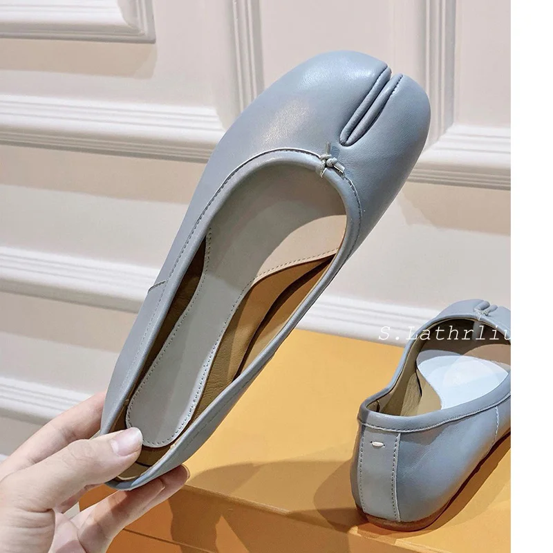 Spring Autumn Soft Soled Ballet Shoes Women Retro Split Toe Genuine Leather Flat Shoes Shallow Mouth Lazy Loafers Dou Dou Shoes