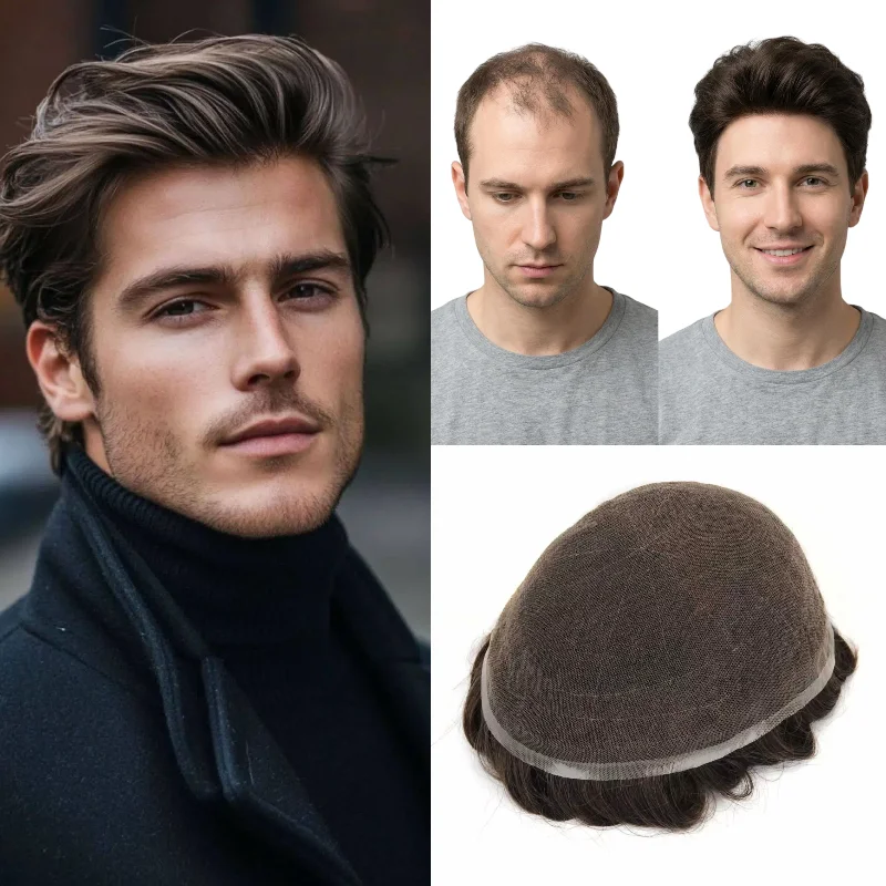 

Human Hair Full Lace Base Mens Wig 8x10 Hand-Tied In Stock 72H Ship Dropship Man Hair Replacement Hairpiece