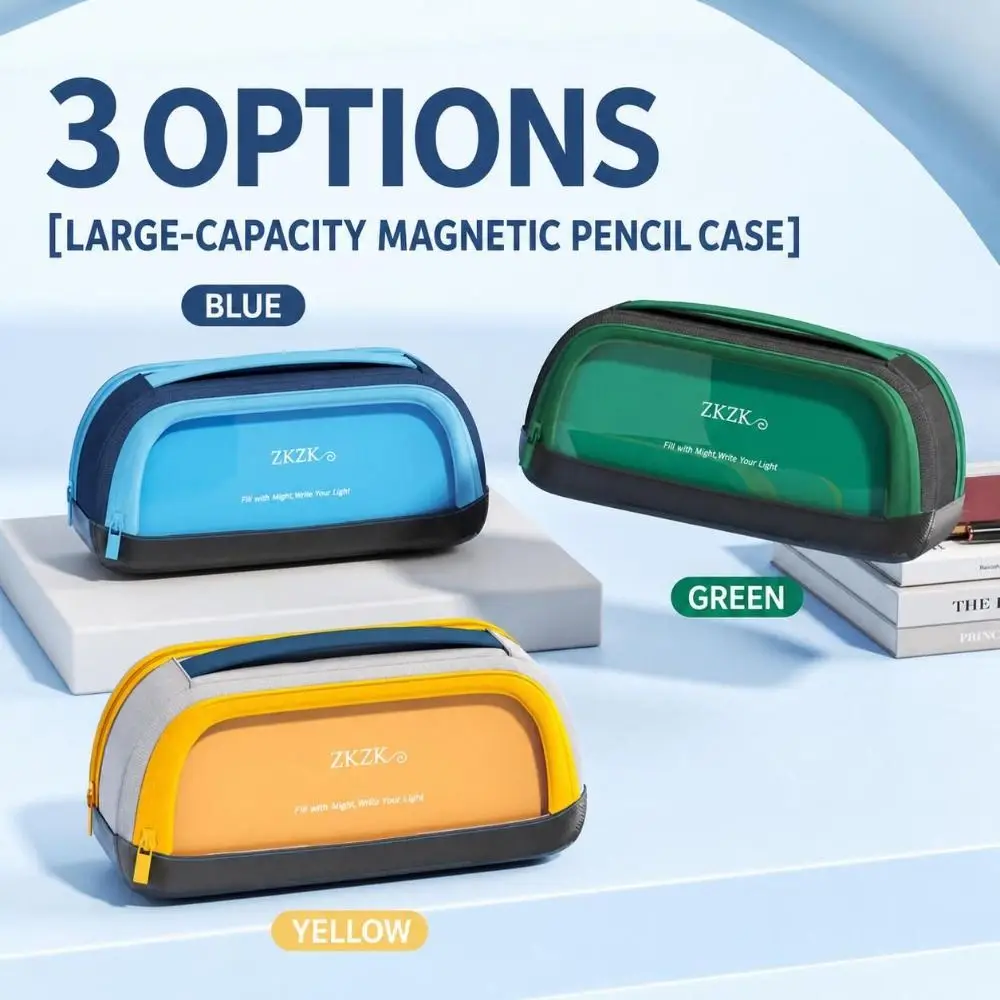 Multi-Layer Compartments Magnetic Pencil Case Carry Handle Fold-Down Organizer Stationery Bag Zipper Closure Mesh Pockets