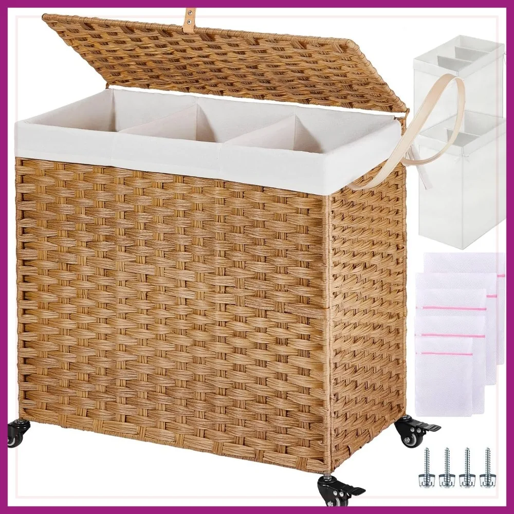 

130L 3-Section Laundry Hamper with Wheels, Lid & 5 Mesh Bags, Handwoven Divided Basket, Natural