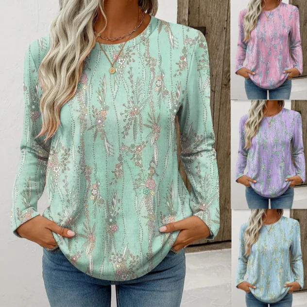 

Women's Long Sleeve T Shirt 2025 Casual Crewneck Blouse Floral Print Top for Daily Wear Street Fashion