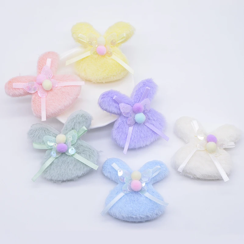 6Pcs 5.5*5cm/2.17*1.97inch Double-sided Plush Rabbit Appliques for Headwear Clips Decor DIY Clothes Hat Shoes Sewing Patches