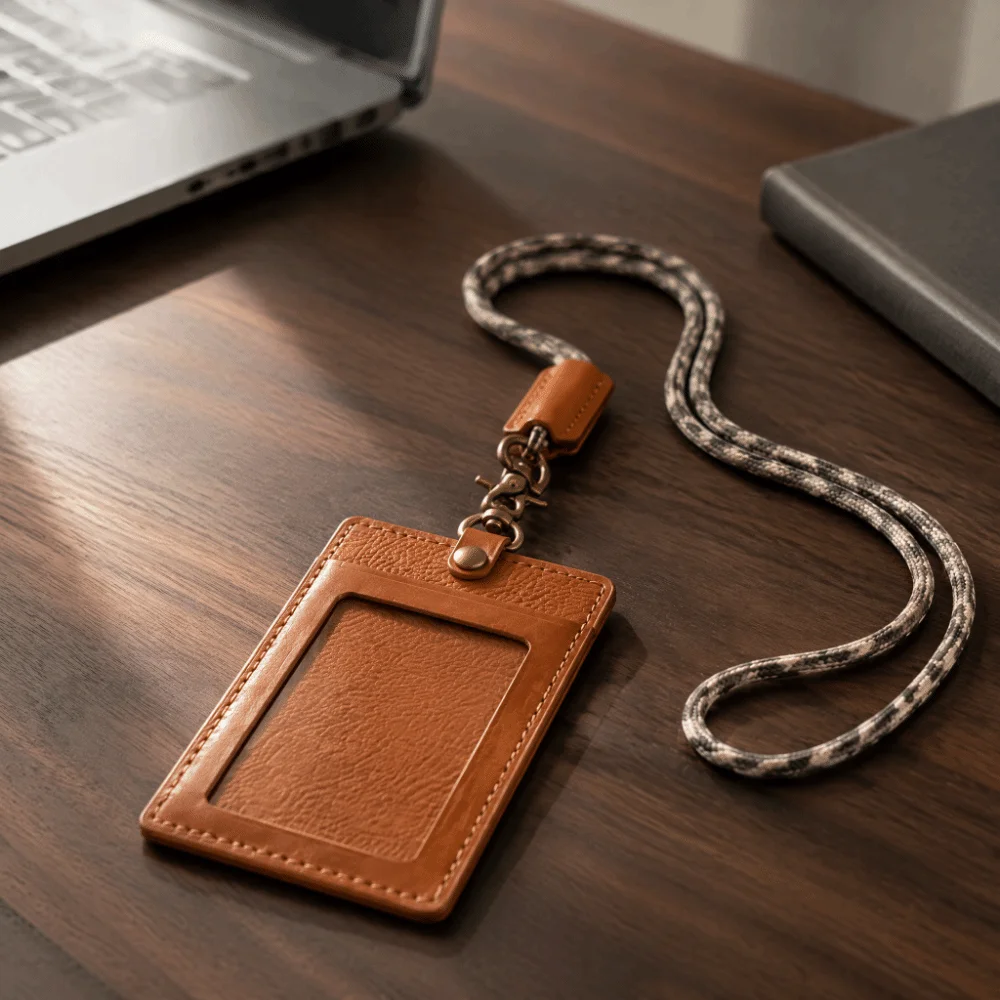 Vintage Waxed Leather ID Badge Holder Distressed Leather Protective Sleeve Neck Lanyard Card Pouch Snug Fit Premium Leather