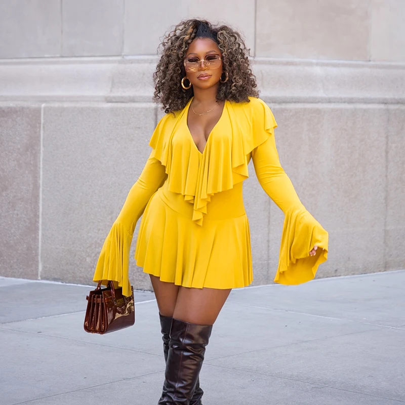 Sexy Deep V Cut Out Ruffle Bodycon Mini Dress Women Flare Long Sleeve Casual Party Vestido 2025 Fall Night Prom Y2K Clothes