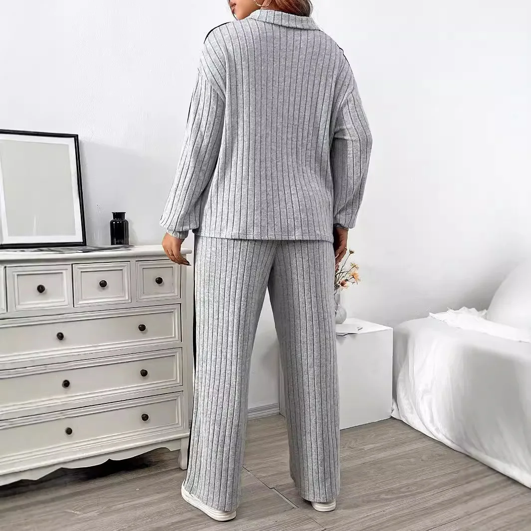 2025 Autumn Women New Solid Color Loose Long Sleeve Lapel Zipper Top + Loose Wide Legs Two-Piece Sports Set Women's Outdoor Suit