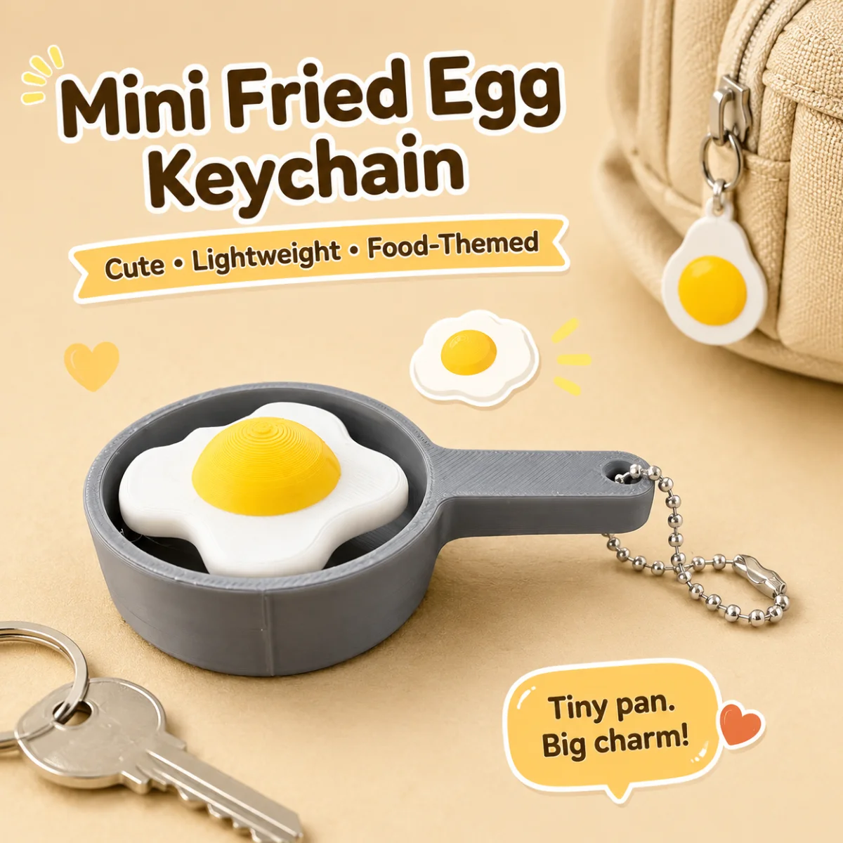 1pc 8.9cm Mini Frying Pan Fried Egg Fidget Keychain, Eco 3D Printed PLA Sliding Press Food Shape Stress Relief Bag Pendant
