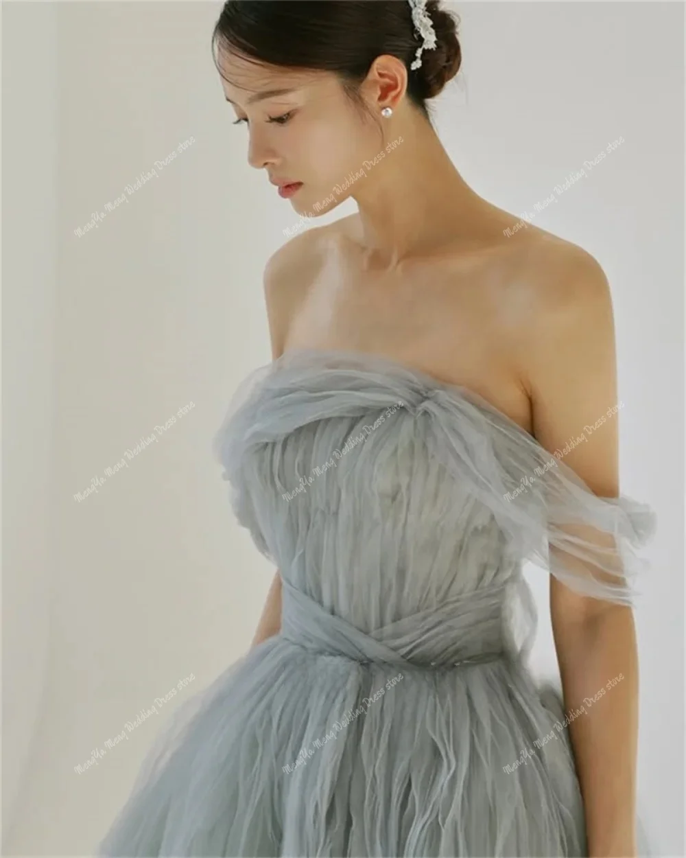 ชุดราตรีแฟนซีทรงเอไลน์สีน้ำเงินสไตล์เจ้าหญิงเกาหลี แบบสั่งตัดได้ สายเดี่ยว ผ้าทูลล์จับจีบ ชุดราตรีงานพรอม ชุดถ่ายภาพงานแต่งงาน ยาวกรอมพื้น