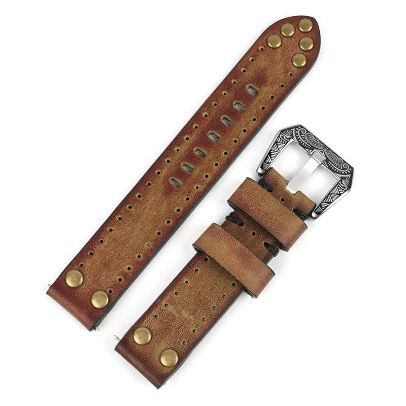 Cowhide rubbed vintage watch with genuine leather male 18 20 22 24mm nail willow head leather strap flower buckle accessories