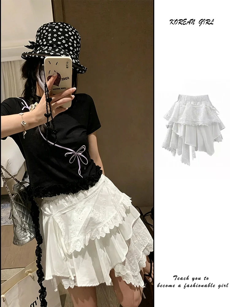 Sweet Ballet White Cake Skirt Half-length Hollow-out Belted Short Skirt for Women Summer 2026 Trendy Design Breathable Casual...
