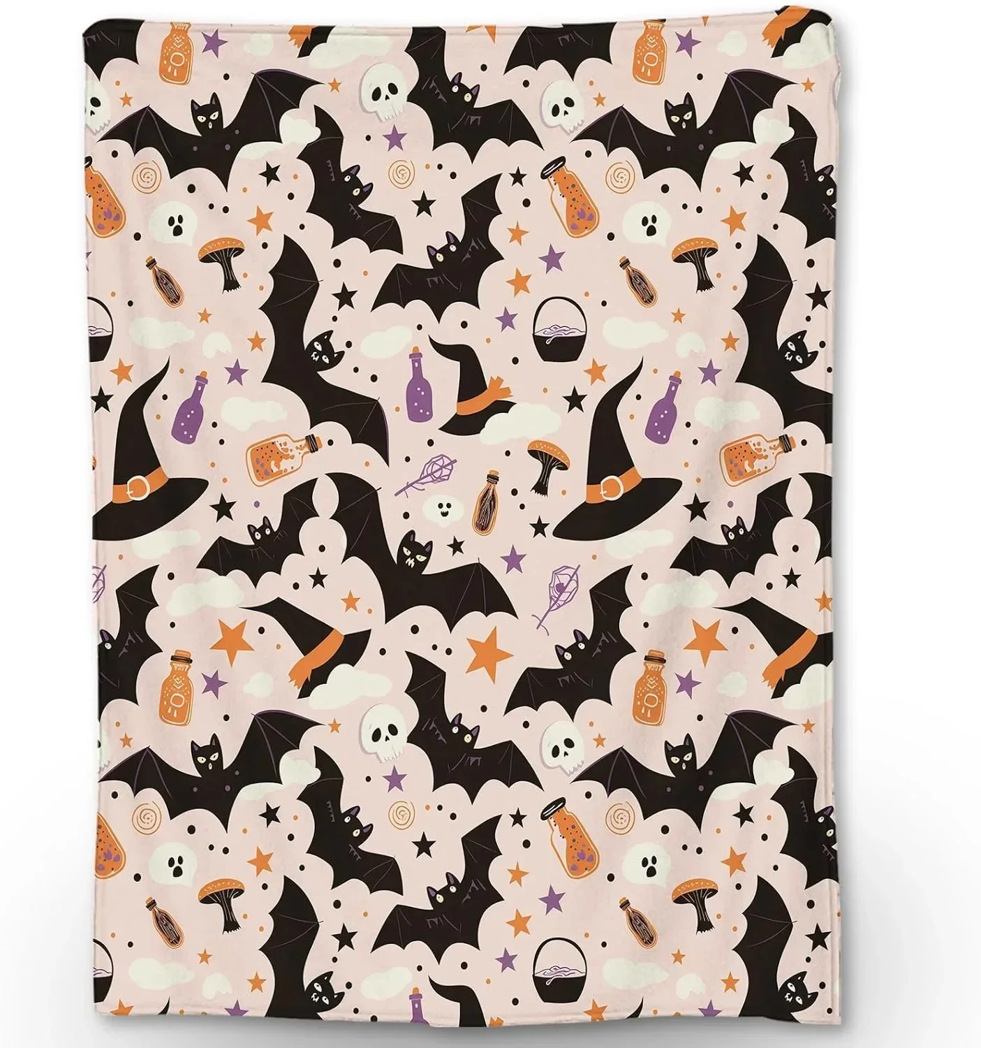 

Halloween Theme Throw Blanket – Witch Hats & Black Bats Arts Print for Couch, Bed, Car, Home, Camping, All-Season Use