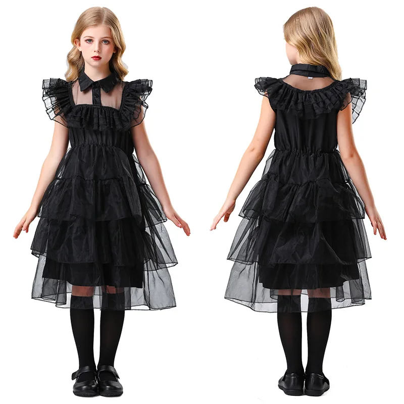 

Halloween Wednesday Party Children Character Cosplay Costume Girls Vintage Black Gothic Princess Dress Elegant Ball Gown Costume