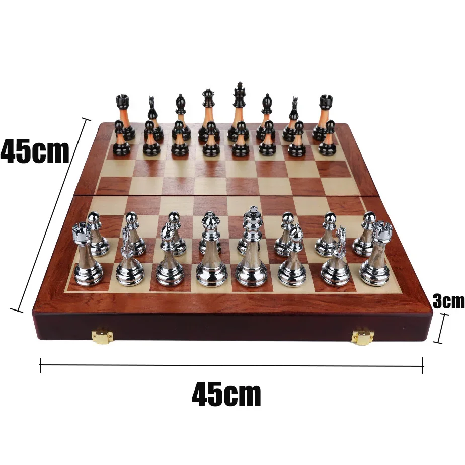 Wooden Chess Pieces Family Classic Solid Folding Chess Board Luxury Metal Retro European Decor Professional Game Set