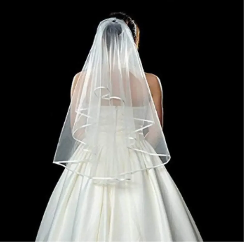 

White Ivory Double Ribbon Edge Center Cascade Bridal Wedding Veil with Comb