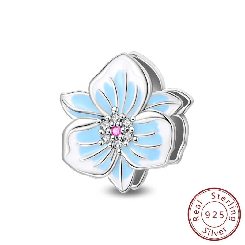 

Spring New 925 Sterling Silver Light Blue Iris Flower Charms Beads Fit Bracelet Or Necklace For Woman DIY Jewelry Accessory