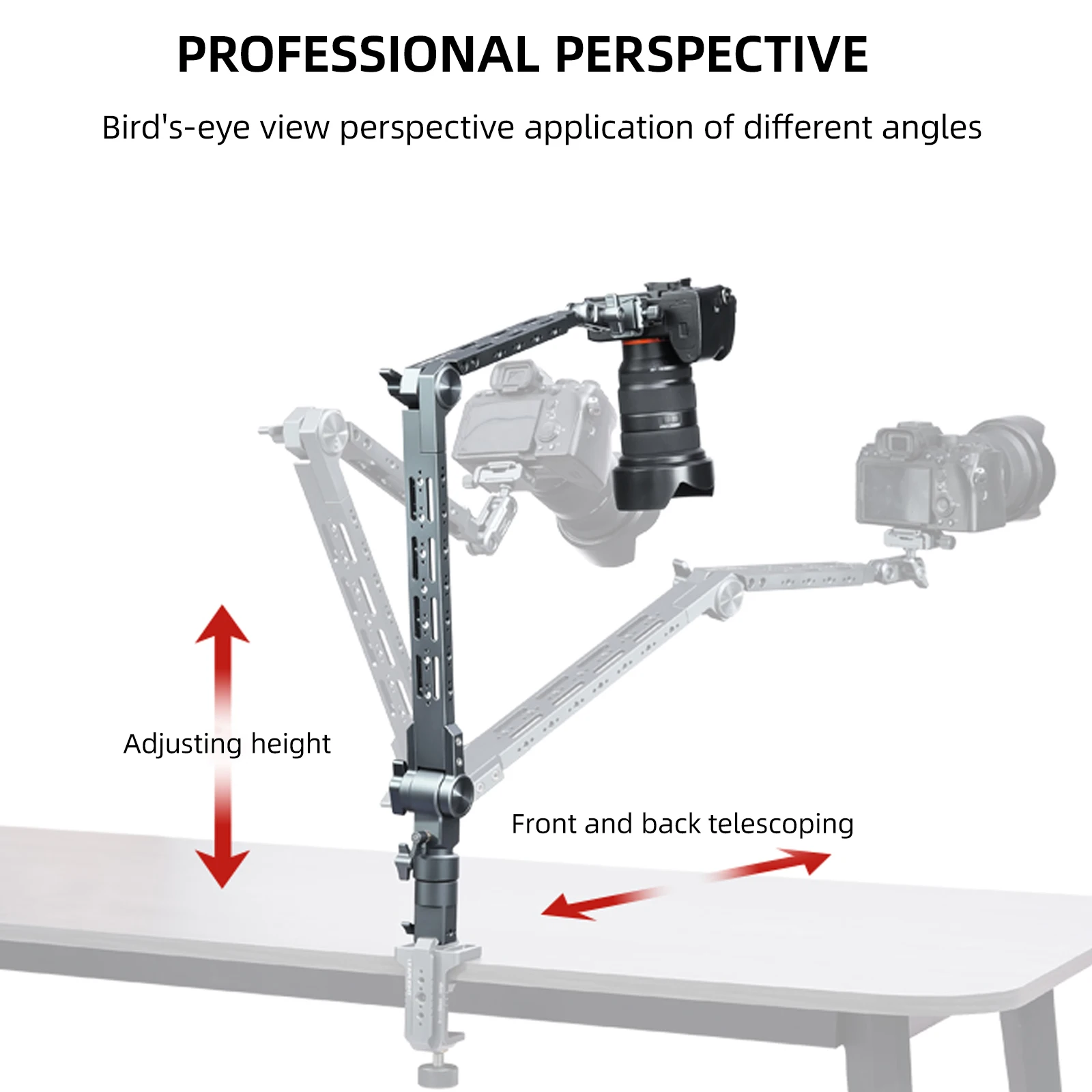 Supporto per telecamera sopraelevata 360 °   Braccio articolato con supporto a sbalzo girevole con supporto da tavolo con filettatura da 1/4" per telefono/iPad