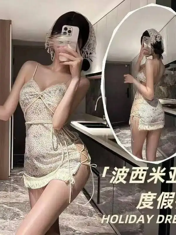 Vacation Floral Dress Hollow Out Backless Deep V Suspenders Sleeveless Wrap Hip Dress Off-the-shoulder Charming Pure Desire 9WVK