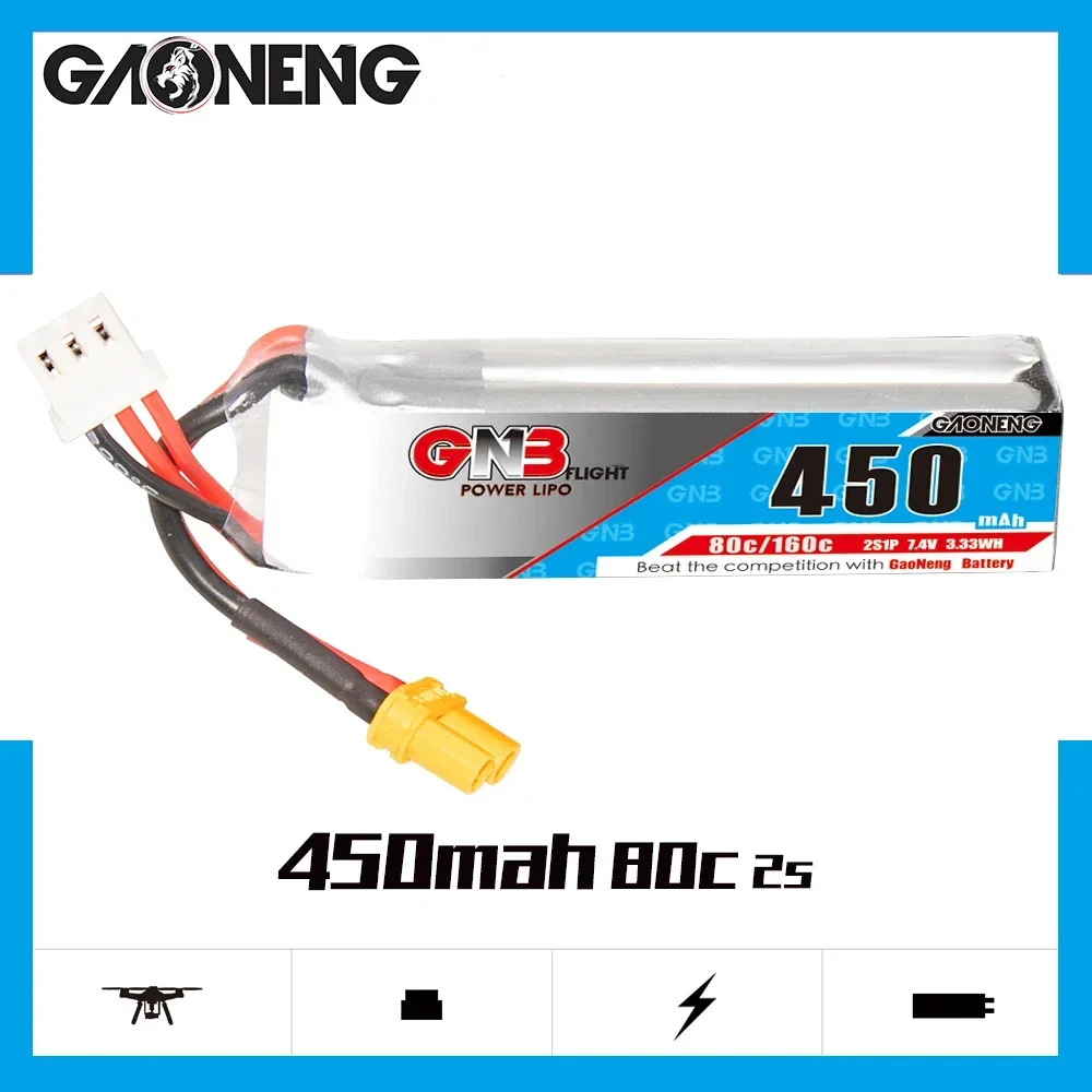 GAONENG GNB 450mAh 2S 80C 160C 7.4V XT30 LiPo Battery Tinyhawk II Small Heli Helicopter Multiroter Mini Micro FPV