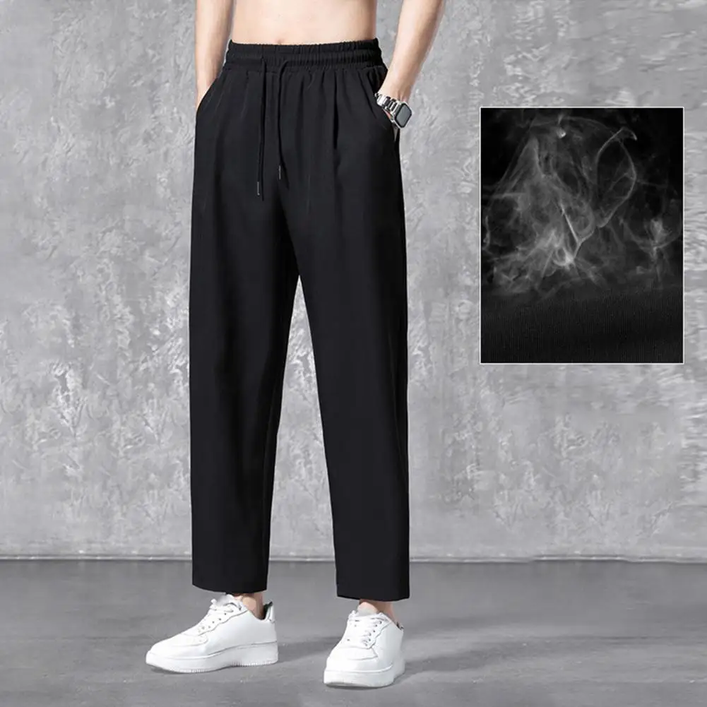 Breathable Straight-leg Trousers Men's Casual Ankle-length Pants Wide-leg Trousers with Elastic Waist Breathable Ice for Daily