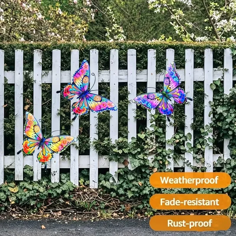 3pcs Colorful Metal Butterfly Statue Wall Decor, Suitable for Gardens, Courtyards, and Outdoor Fence Wall Art Decoration