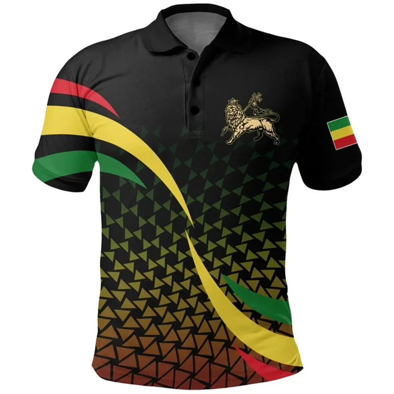 Ethiopia Vlag Kleur Met Aztec Patroon Poloshirt Heren Nationale Embleem Sport Jersey Casual Heren Poloshirts Revers Knoop Tops