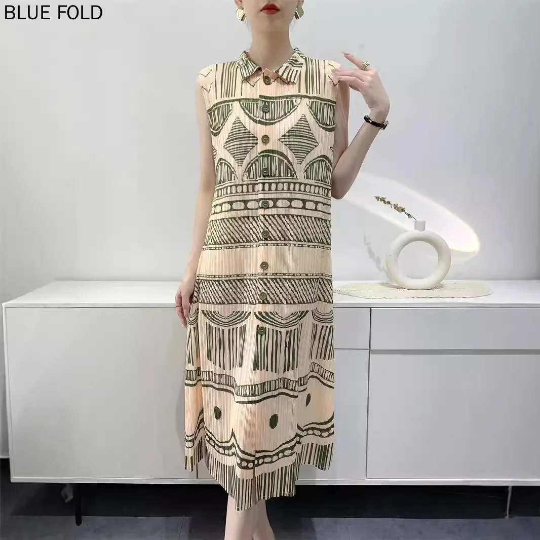 MIYAKE PLEATS Vestido Robe Summer New Shirt Dress Women's Medium-length Printed Comfortable Casual Slim Pleated Cardigan Dress