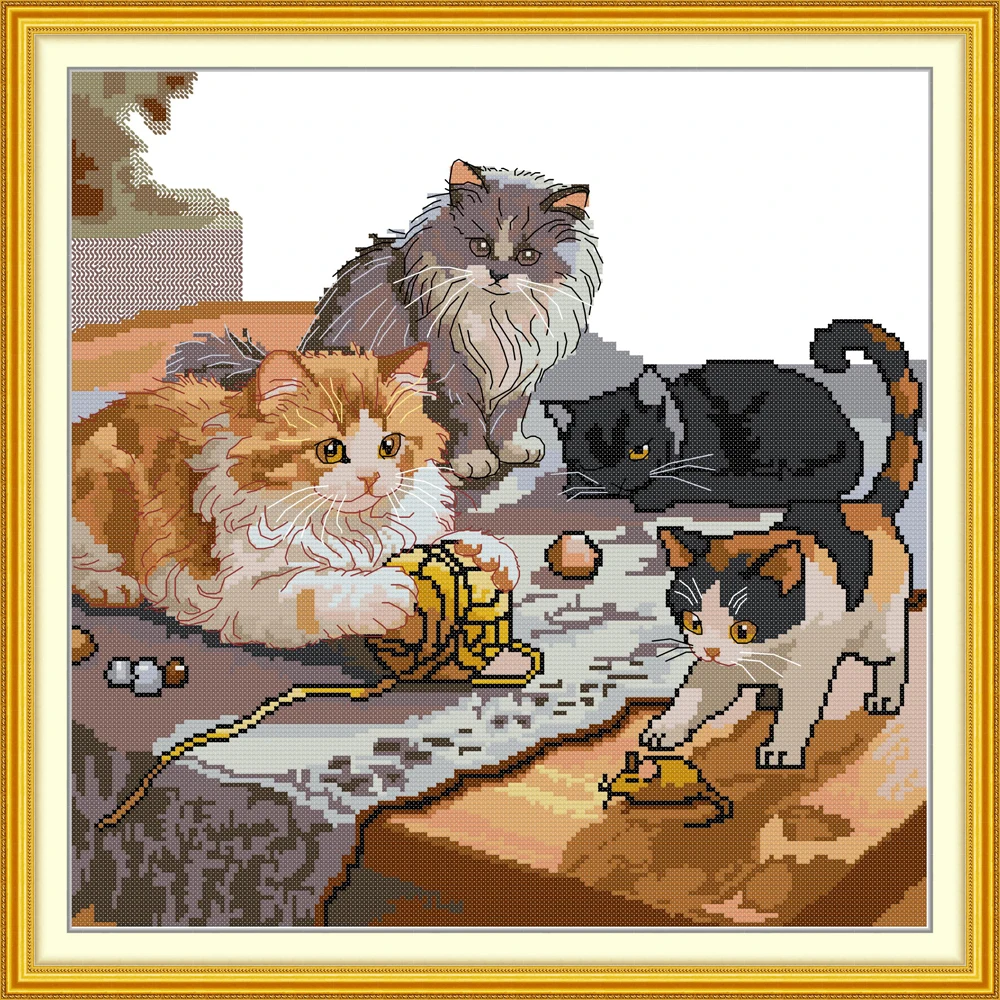 

Maydear Full Cross Stitch Kit, 11CT/14CT/16CT/9CT Aida Fabric,DMC Threads Sewing Pattern Embroidery Set-Four Little Kittens