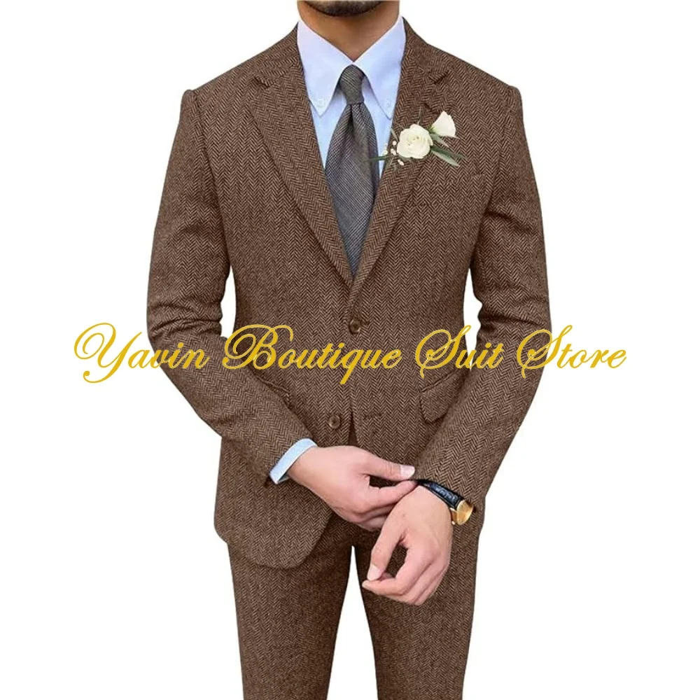 

Retro Men's Herringbone Tweed Suits 2 Piece Wedding Business Casual Suit Tuxedo Jacket Pants Formal Party Dinner Tuxedo Set