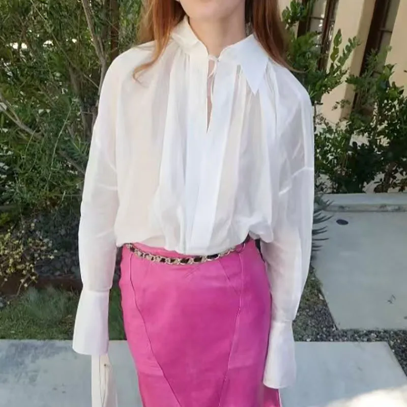 

Женский топ с воротником с лацканами и завязками спереди, минималистичная универсальная рубашка большого размера, высококачественная блузка с прозрачной передней частью, осень, новинка, y2k