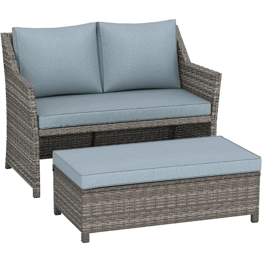 

2-Piece Outdoor Patio urniture Wicker Love-seat and Coee Table Set, with Built-in Storage Bin, Grey Rattan, Grey Cushions