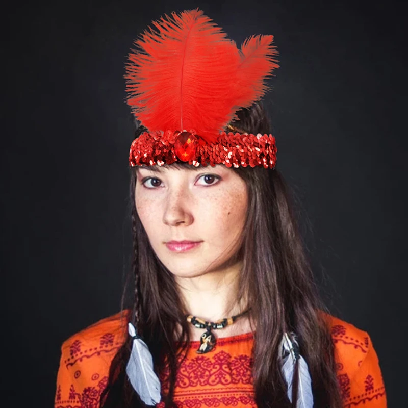 Diadema de cristal de plumas de lentejuelas para mujer, tocado de plumas indias, diadema India para fiesta navideña, accesorios para el cabello de moda