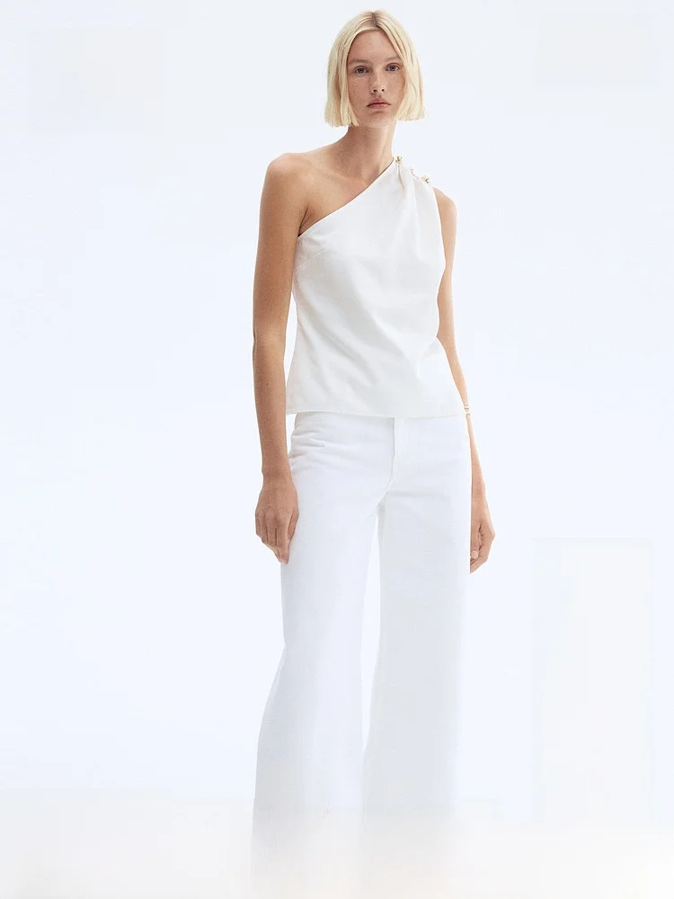 

H&M Women's Summer Shirt Single Shoulder Button Decoration 1295006 Viscose Polyester Linen Material Fashion Ladies Top