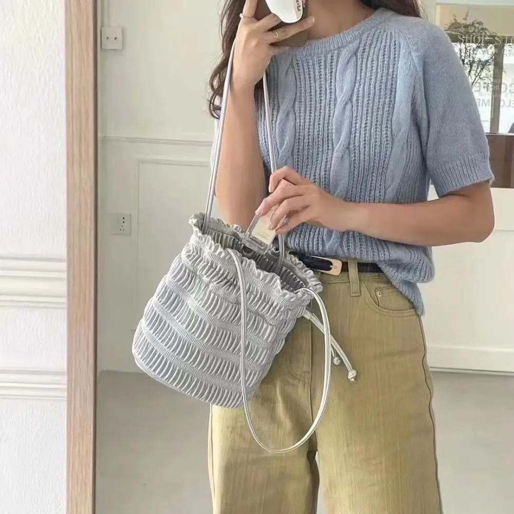 Silver Pleated Shoulder Bag New Drawstring Bucket Underarm Bag PU Leather Casual Purse Women