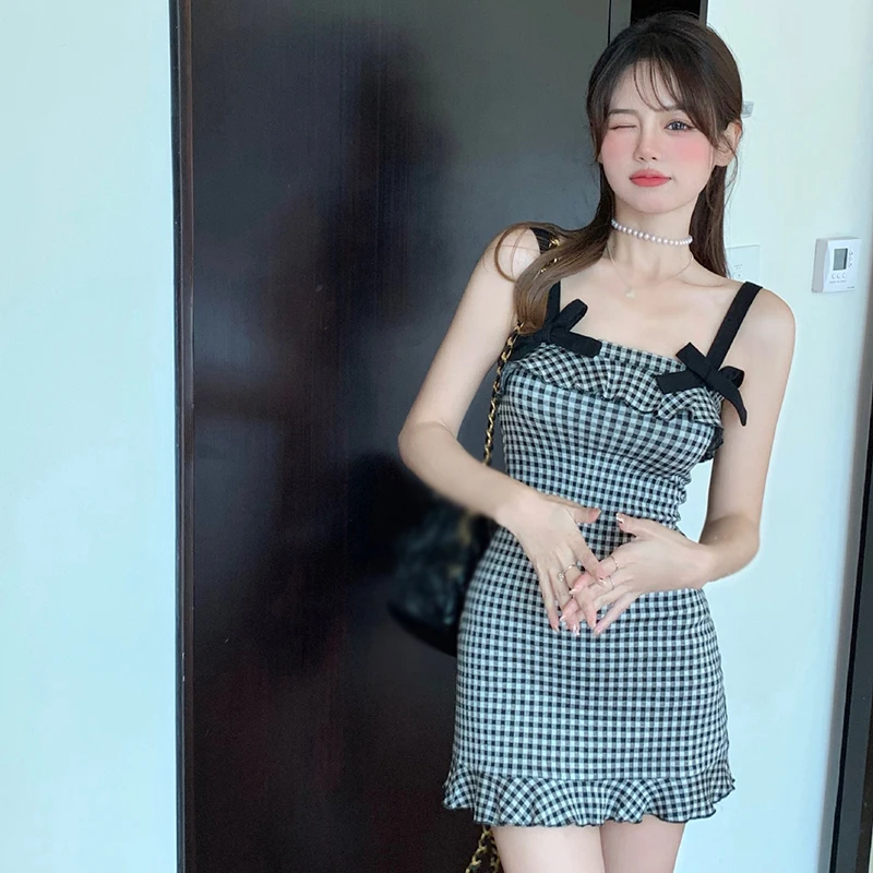 Korean Version Sweet Dress Suspender Dress Sexy Hanging Strap Checkered Short Style Dress for Women Fashion Sexy Breathable Smal