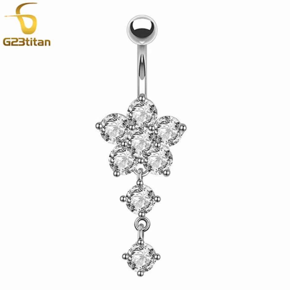 G23titan 14G Surgical Titanium Bar Belly Button Ring CZ Zircon Flower Dangle Crystal Women Navel Ombligo Piercing Body Jewelry