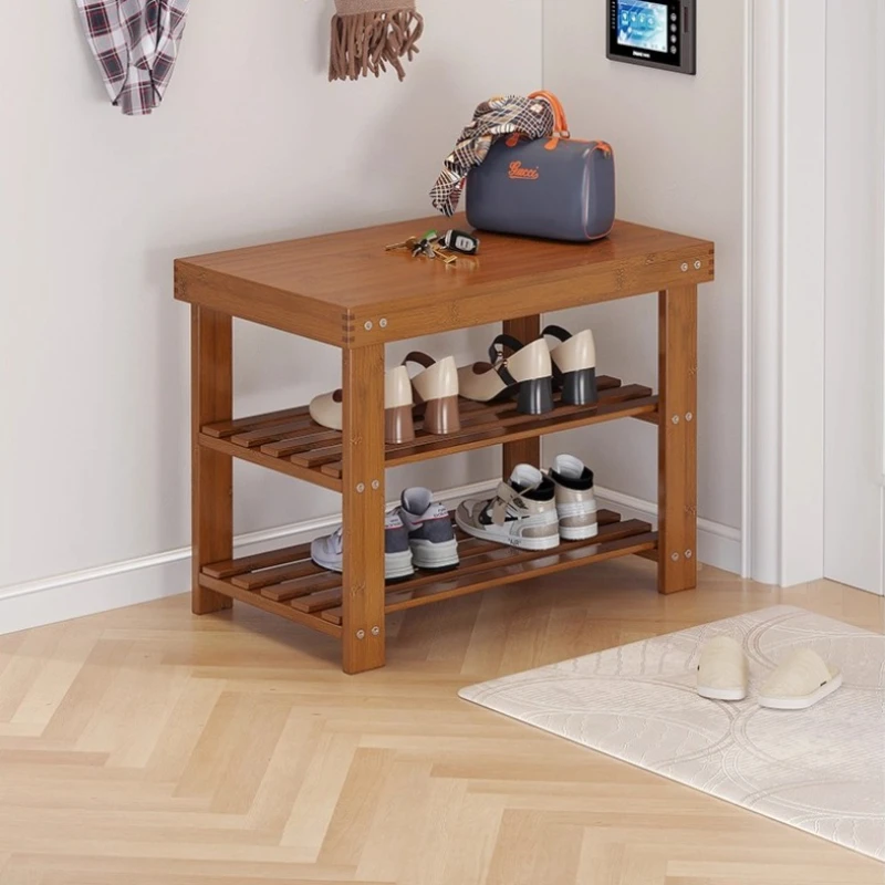Bamboo Shoe Bench with Storage Entryway Seat Hallway Console Table with Hooks Breathable Slatted