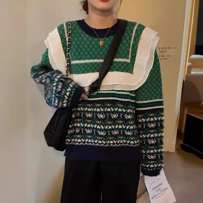 Women Korean Trend Vintage Patchwork Contrasting Colors Knitting Sweater Women Clothes Vintage Pullover Long Sleeve Sweater Card