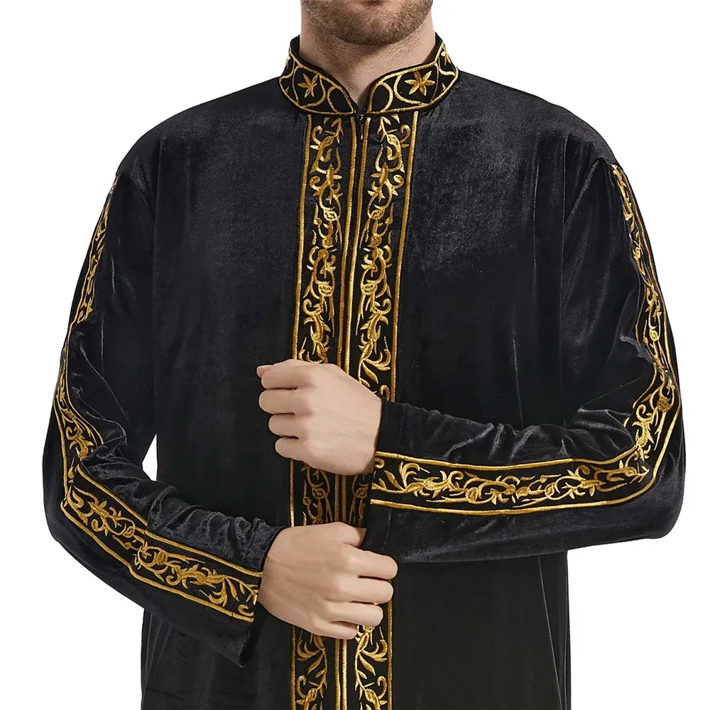 Men Islamic Arabic Kaftan Muslim Clothing Long Sleeve Velvet Embroidery Abaya Robes Fashion Saudi Arabia Dubai Mens Jubba Thobe