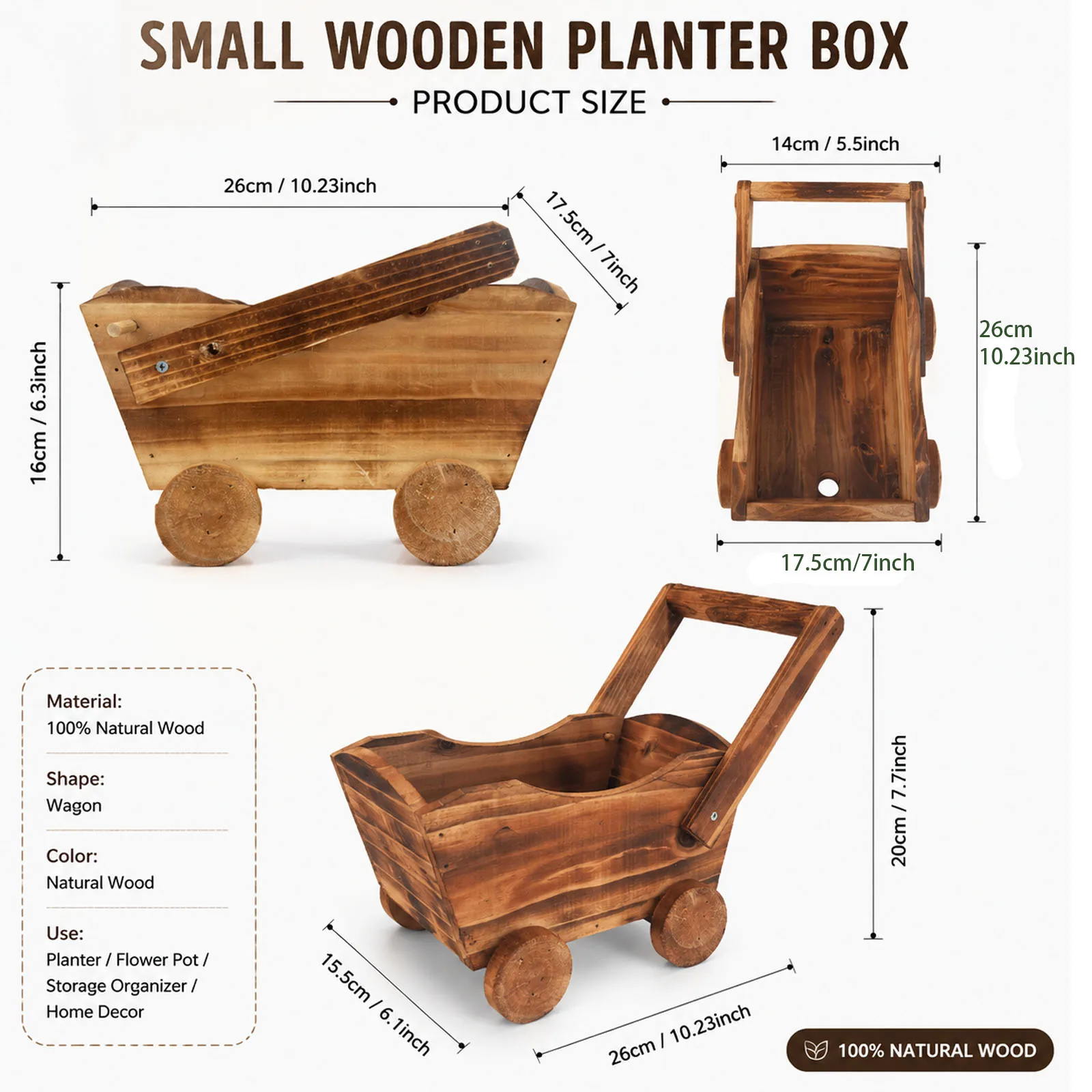 Rustic Wooden Wagon Planter Window Vanilla Planting Box with Wheels and Handle Vintage Wood Flower Pot