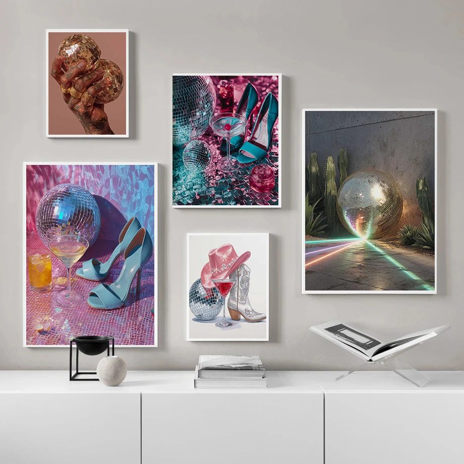 Retro Party Mirror Ball Posters High Heels Cocktails Modern Bar Prints Canvas Painting Wall Art Pictures Home Living Room Decor