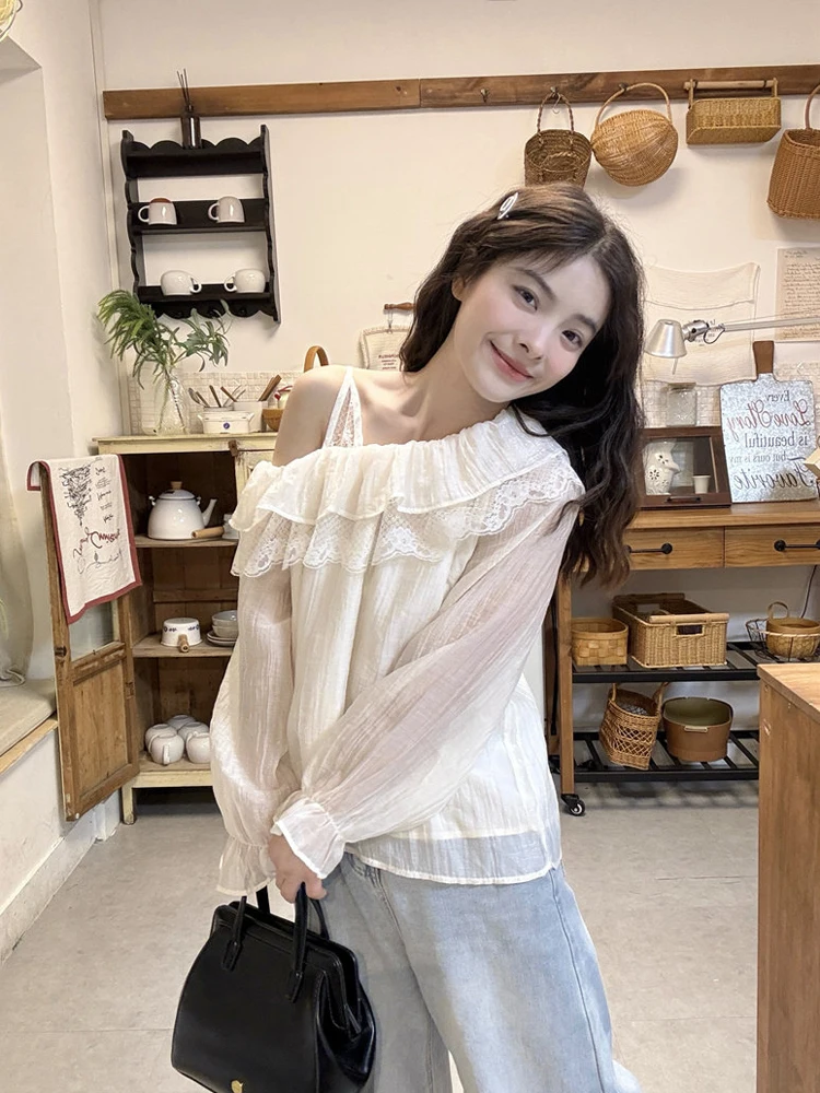 

Весна 2026: Новая модная женская блузка с длинным рукавом, кружевными вставками и открытыми плечами, свободного кроя, в корейском стиле, с цветочным принтом