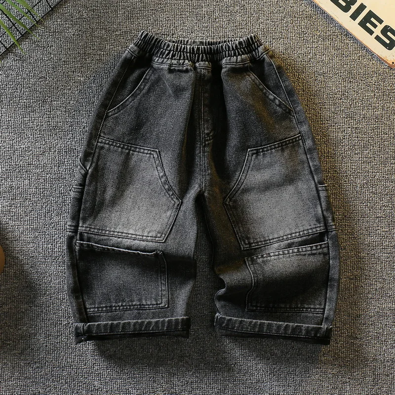 

Джинсы для мальчиков, детские брюки, весна-осень 2023, новые мягкие свободные прямые джинсы для малышей, модные брюки с несколькими карманами для мальчиков, От 2 до 11 лет