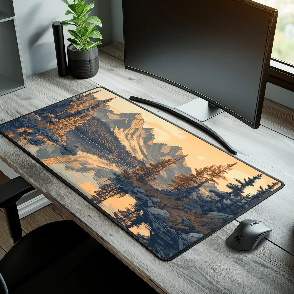 Retro Art Mountain Landscape Desk Mat Large Mouse Pad Forest and Lake Reflection Design,Non-Slip Desk Protector Office or Gaming